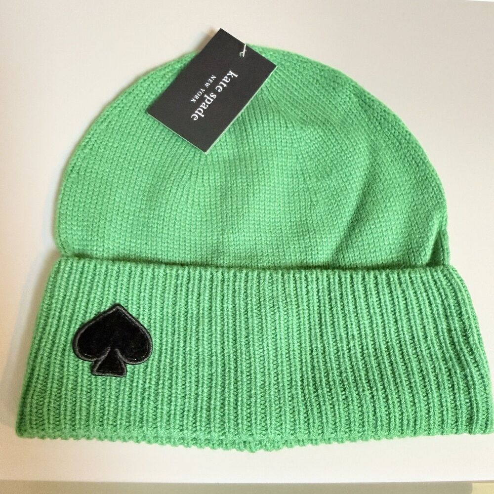 Kate Spade New York Acrylic Ribbed Flocked Spade Cuffed Beanie Hat KS Green NWT